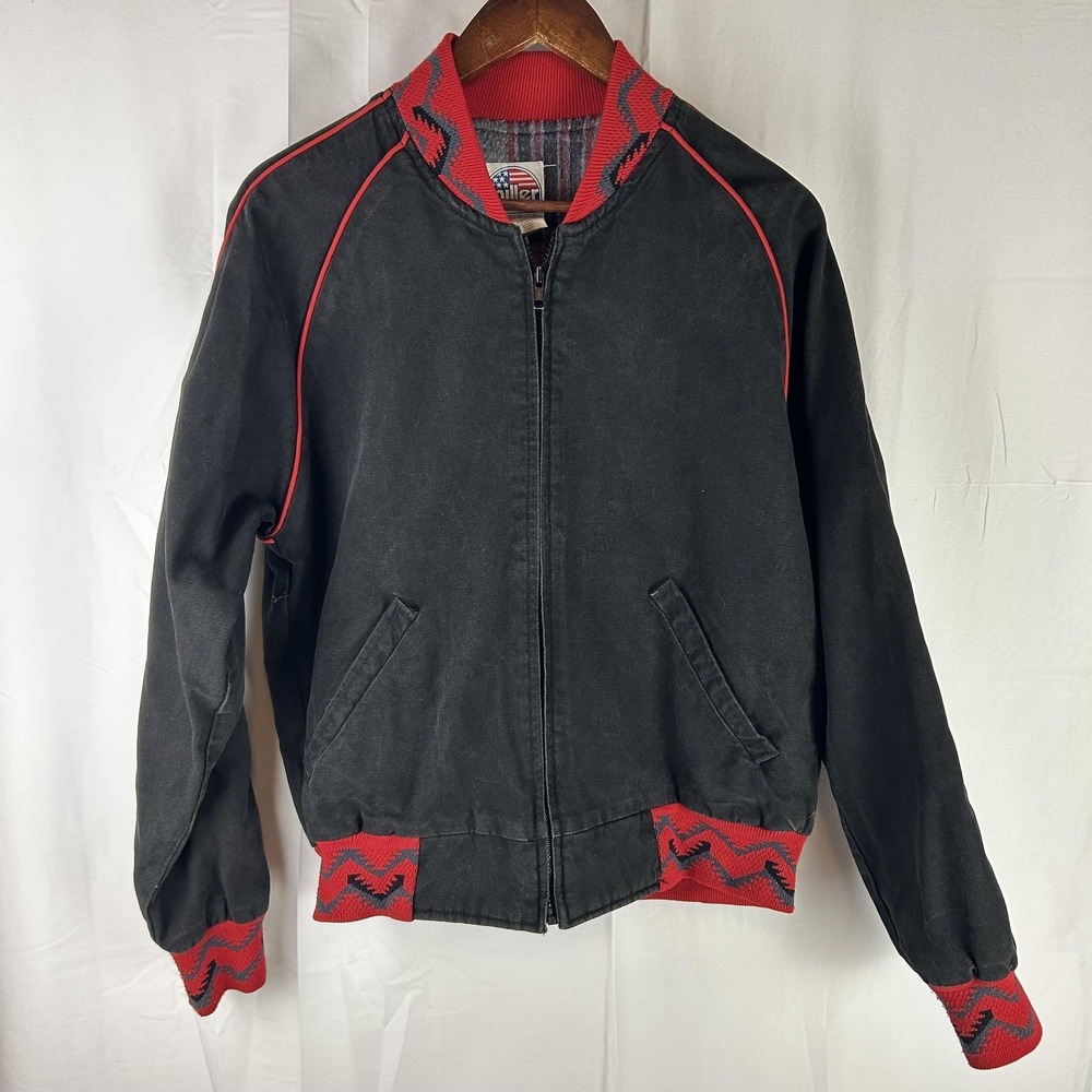 Vintage Miller Outerwear Jacket Mens Medium Black Bomber Southwest Knit Trim 80s
